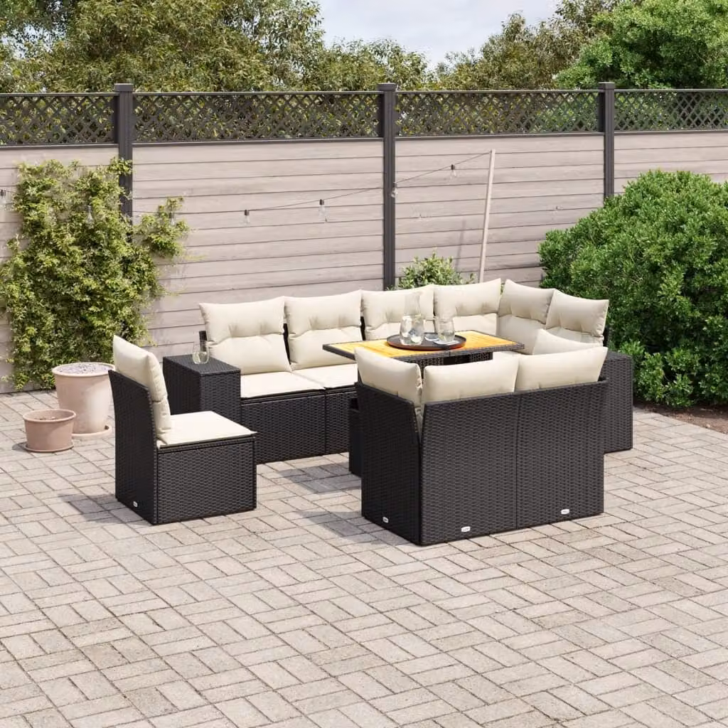 vidaXL Set Divani da Giardino 9 pz in Polyrattan Nero con Cuscini e Tavolino – 1