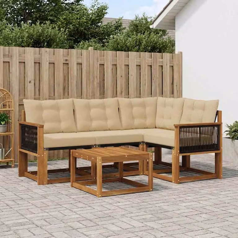 Set di divani da esterno vidaXL a forma di L con tavolo da caffè, in legno di acacia e tessuto textilene, colore beige e marrone