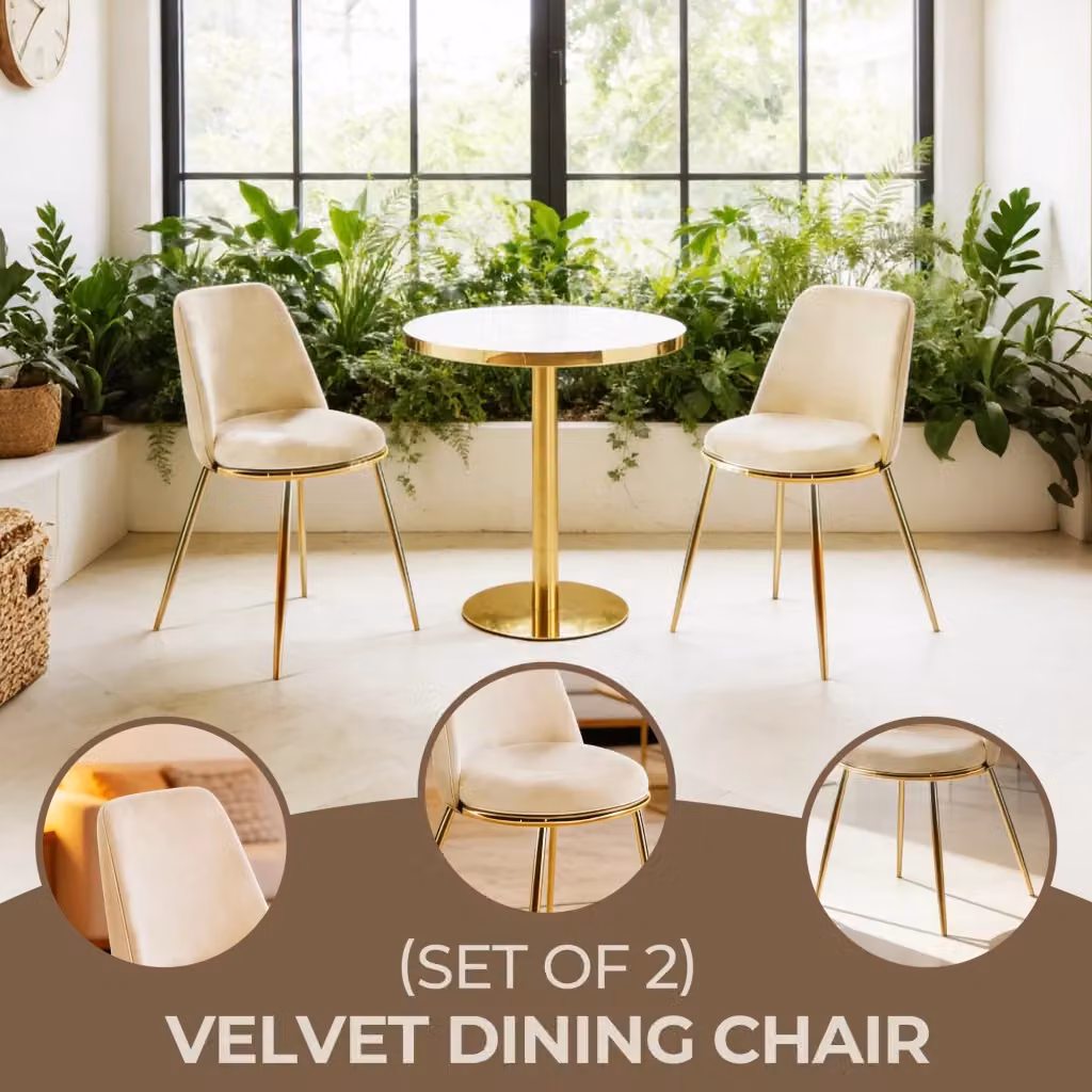 Sedia da pranzo moderna Zephmum in velluto beige con gambe in metallo lucido – 2