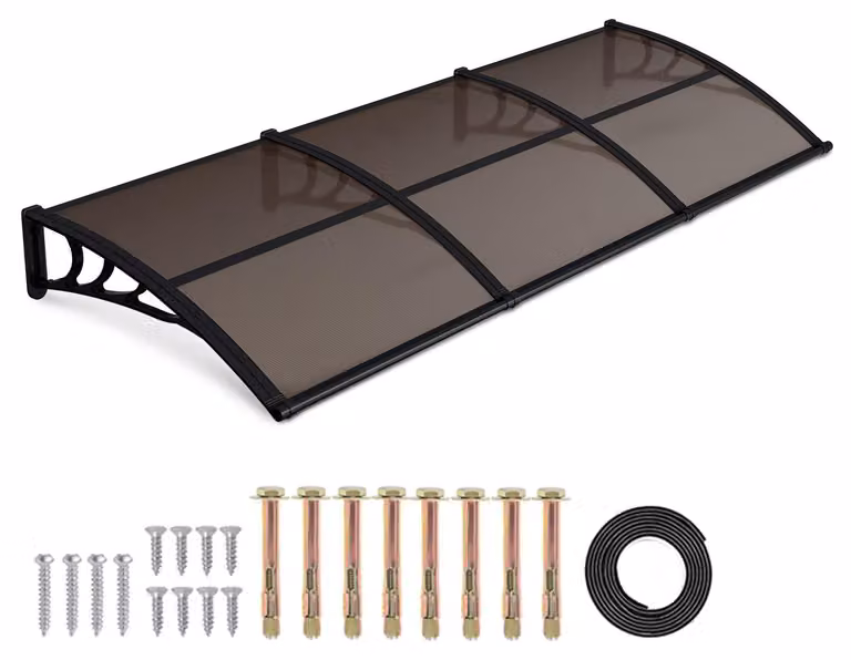 Tettoia per porta d'ingresso Ikodm con grondaia, 300 x 100 cm, realizzata in policarbonato, colore nero/marrone, adatta per porte d'ingresso e finestre