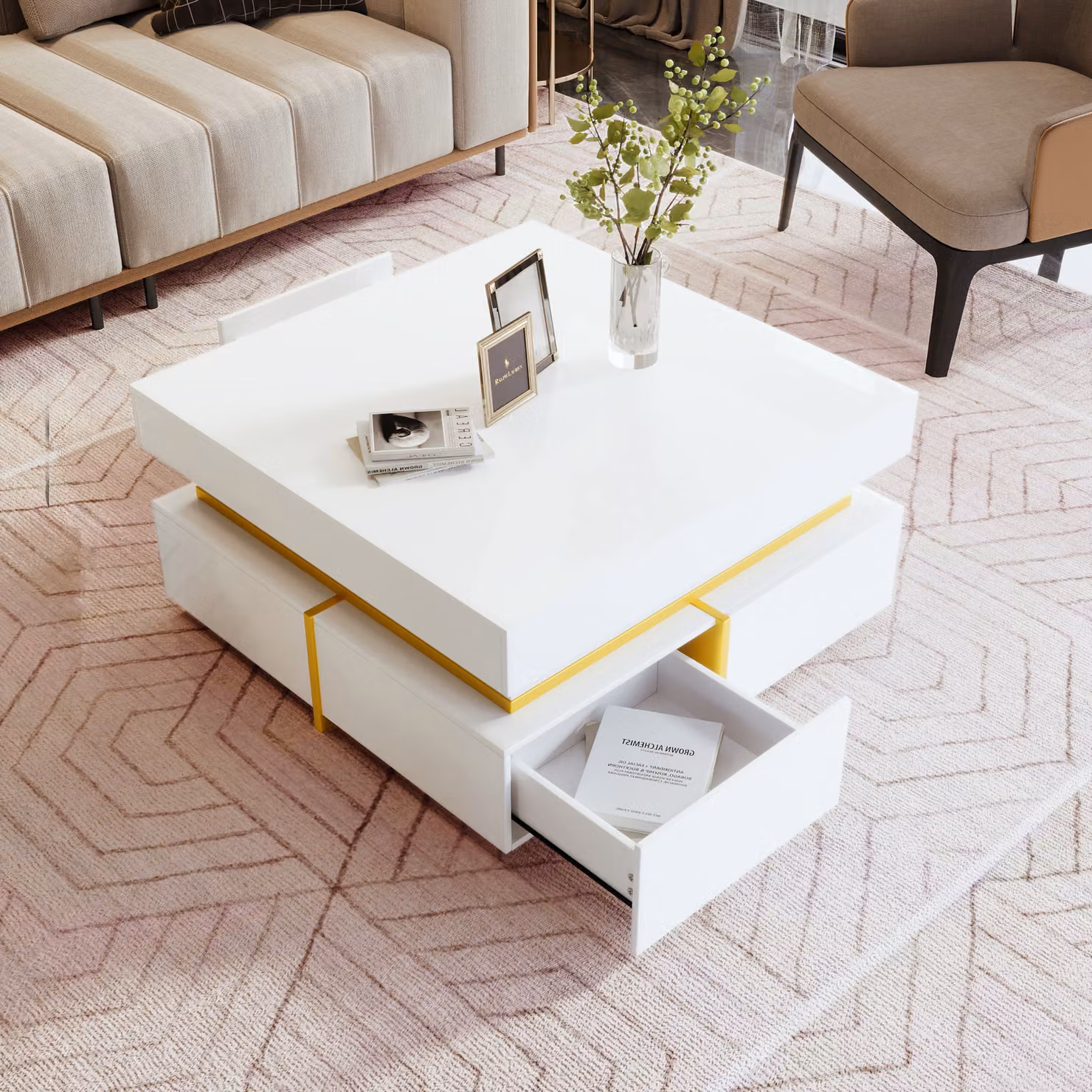 Abrihome tavolino con 4 cassetti e accenti dorati, tavolo da salotto lucido tavolino 70x70x35,5 cm, bianco