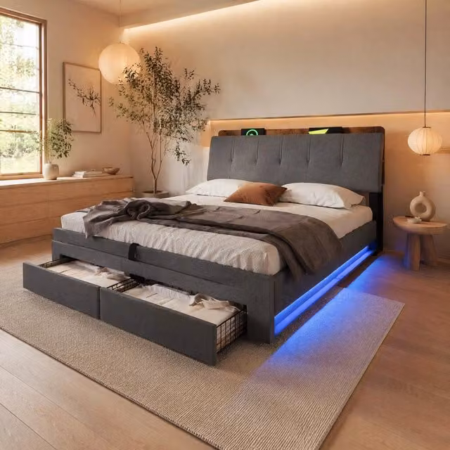 Letto imbottito 180x200 cm grigio in lino e MDF, contenitore idraulico, senza materasso