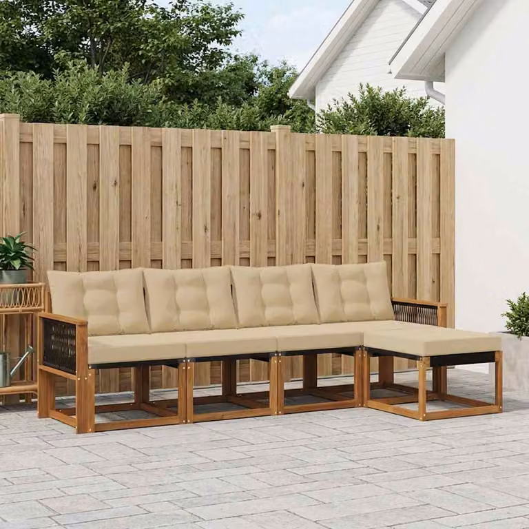 Set di divani da esterno vidaXL 5 pezzi a forma di L in legno di acacia con cuscini beige e pouf coordinato
