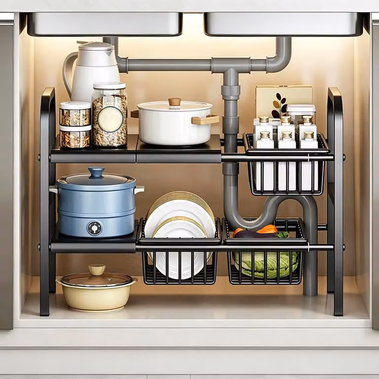 Organizzatore per armadietti da cucina, 3 ripiani, nero, con 3 cesti portaoggetti, ideale per la cucina