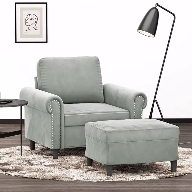 Divano Sedia-Poltrona con Poggiapiedi in Velluto Grigio Chiaro con Braccioli e Design Moderno 456503 – 1