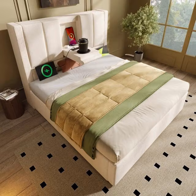 Letto singolo 90x200 cm contenitore con sollevamento idraulico; imbottito in lino beige