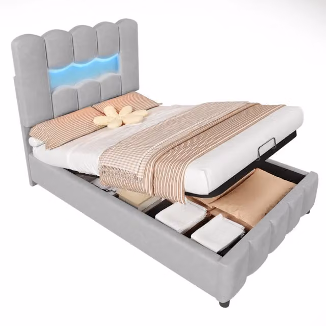 Letto singolo contenitore Chicfurn in velluto grigio con illuminazione LED e testiera regolabile L/P/H: 203 x 90 x 32 cm
