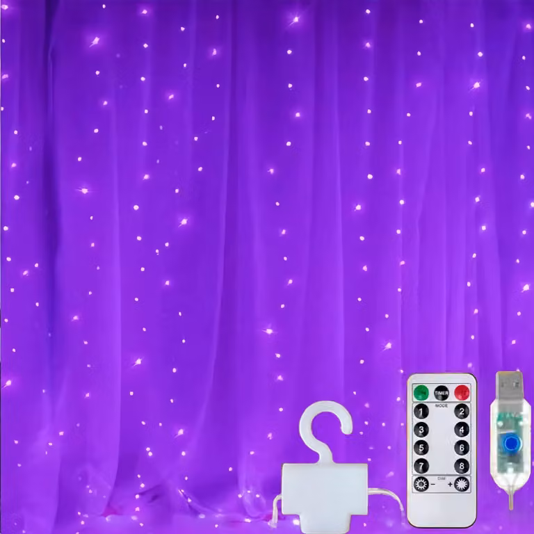 Catena luminosa a LED per decorazioni, 300 LED viola, 8 modalità, alimentazione USB, telecomando, timer