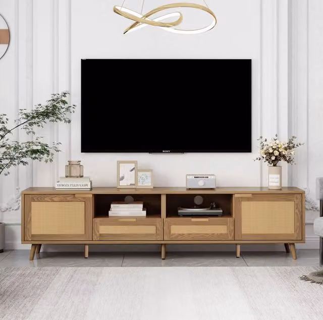 Mobile TV in MDF con dettagli in rattan plastico; 200 x 37 x 49 cm; color rovere