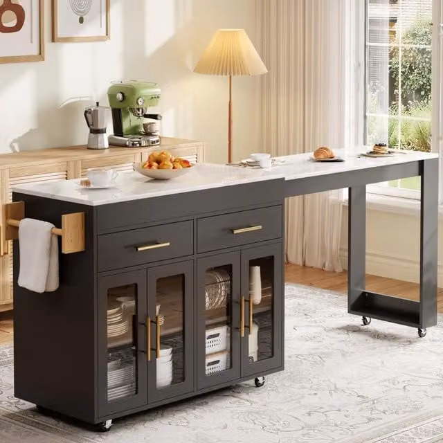 Isola da cucina estensibile REDOM in MDF nero opaco con piano in vetro, L: 132,5-217 cm, P: 50 cm, H: 93 cm