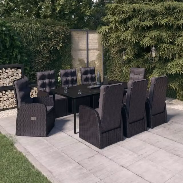 Set da pranzo da giardino vidaXL in polyrattan nero con tavolo rettangolare in vetro e 9 pezzi – 1