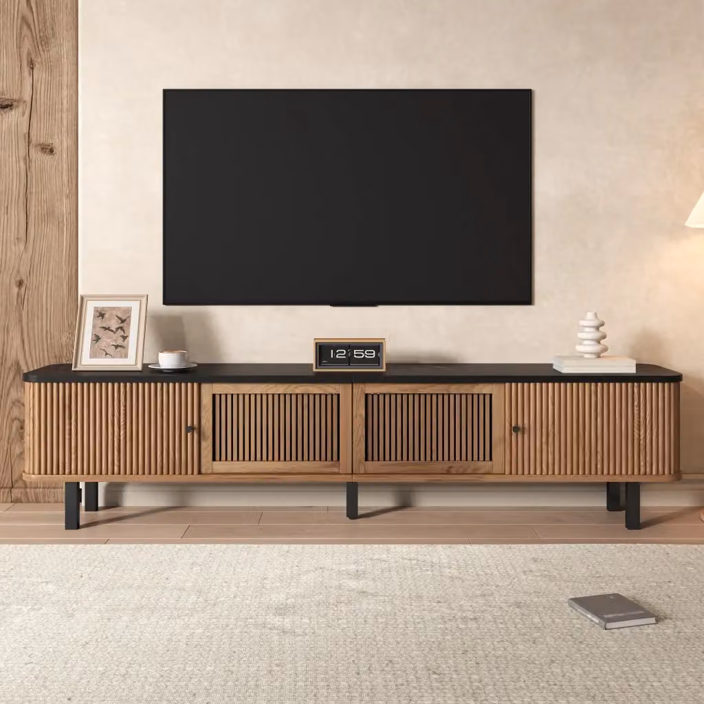 Mobile porta TV OKWISH moderno in legno marrone con 2 ante scorrevoli e maniglie in metallo nero per soggiorno e camera da letto L/P/H: 190 x 35 x 45 cm – 2
