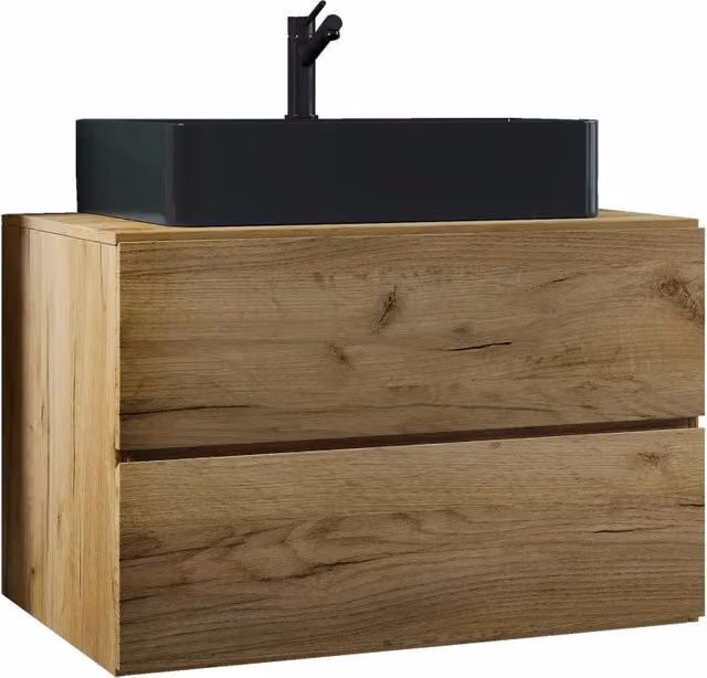 Luce di Ezooza Set Bagno 2 Pezzi Mobile Extra Large con 2 cassetti e Lavabo sospesi, Rovere miele , lavabo Nero