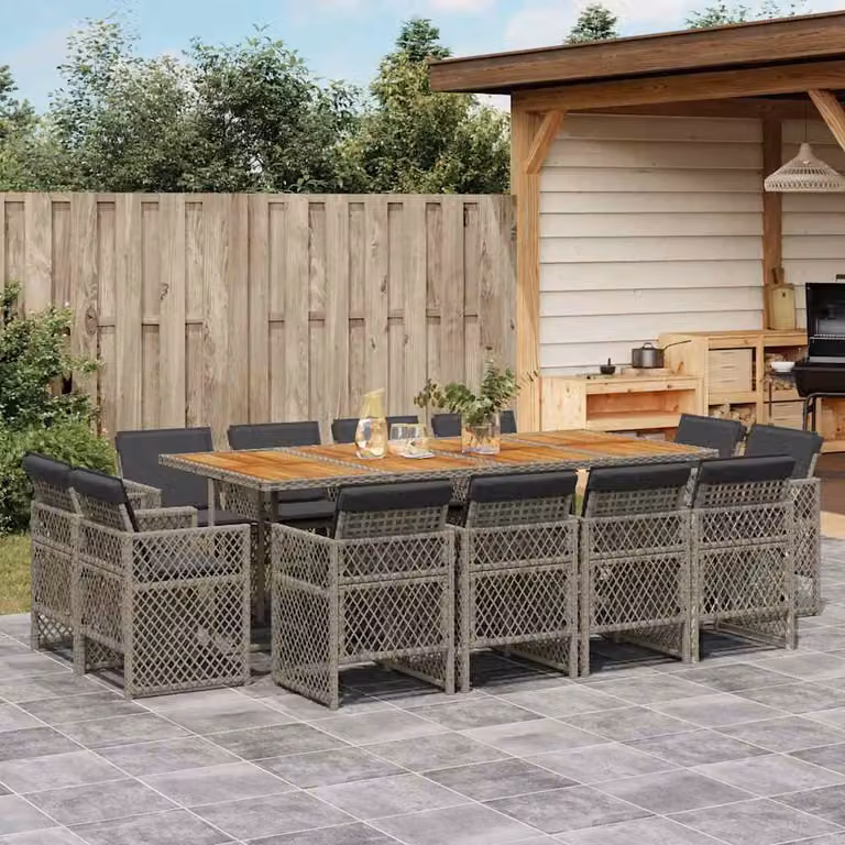 Set da pranzo da giardino vidaXL in polyrattan e legno di acacia con 13 pezzi e cuscini, colore grigio e marrone