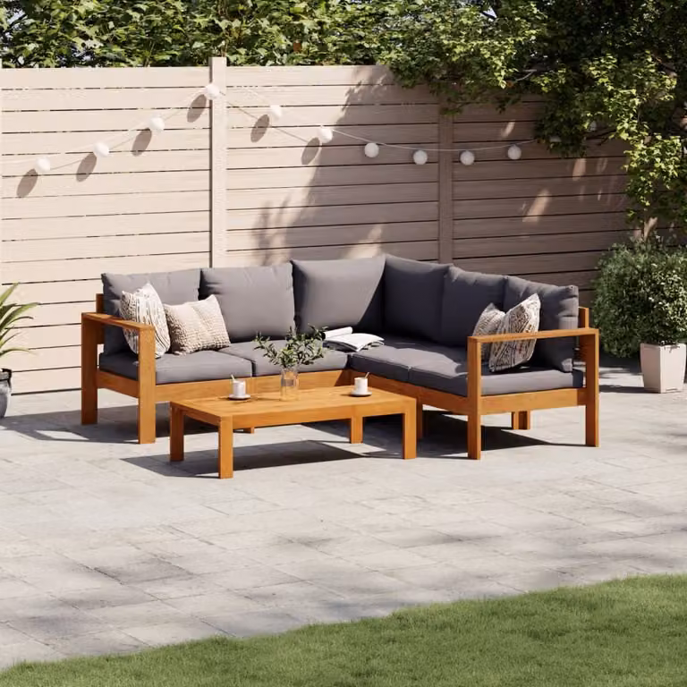 Set di Divani da Giardino vidaXL 4 Pezzi a Forma di L in Legno di Acacia con Cuscini Grigi e Tavolino da Caffè
