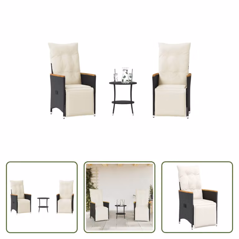 The Living Store Set bistrot 3 pezzi con cuscini in poly rattan nero