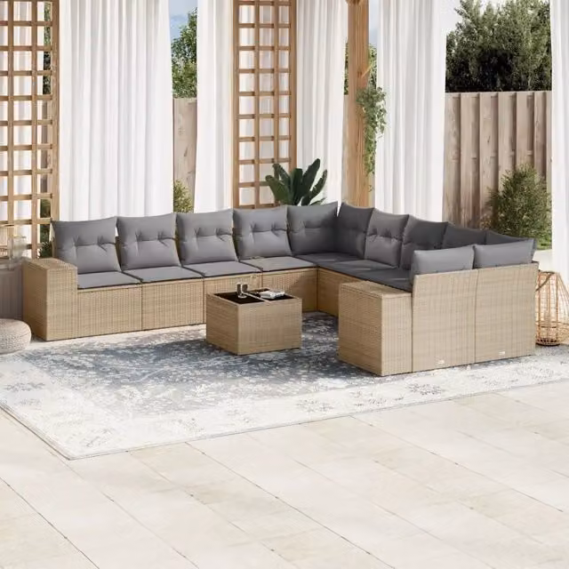 vidaXL Set Divani da Giardino 11 pz in Polyrattan con Cuscini Beige e Tavolino in Vetro