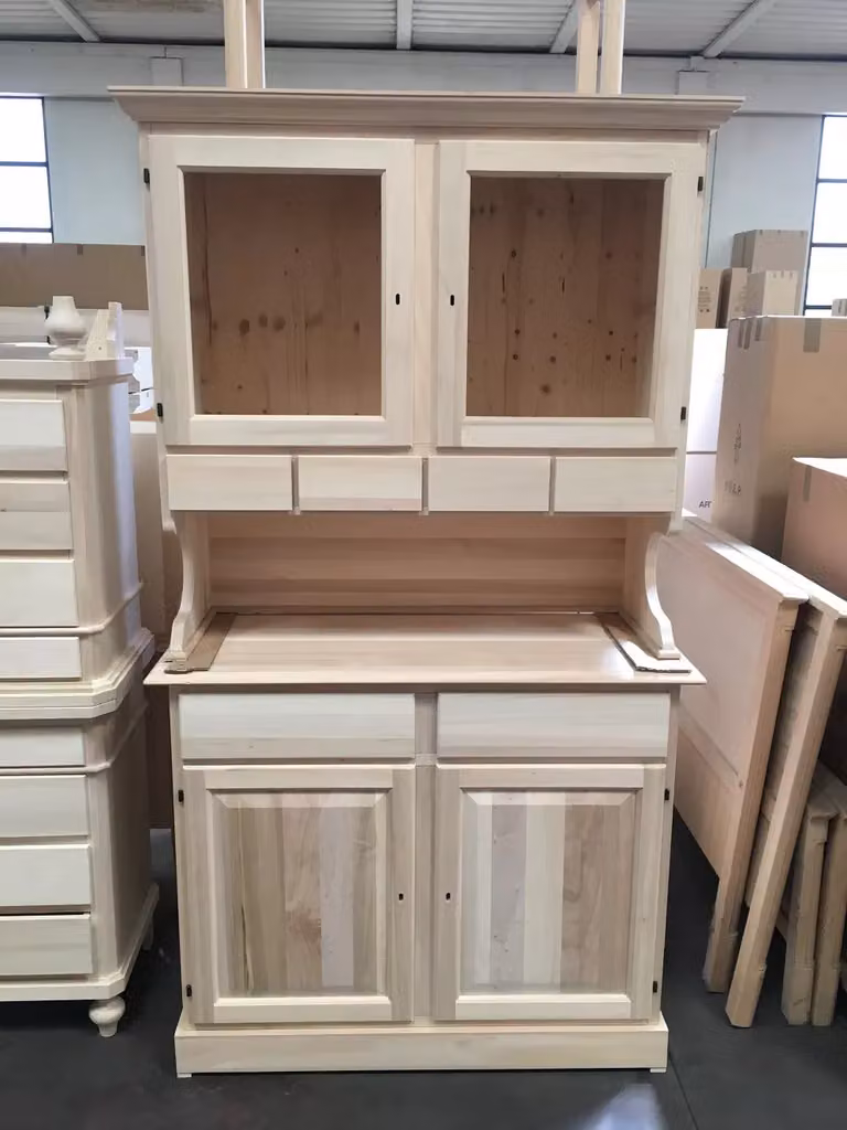 Cristalliera classica in legno grezzo con 4 porte e 6 cassetti Mobili 2G L/P/H: 120 x 51 x 211 cm