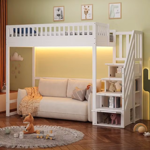 Letto mezzanino bianco 90 x 200 cm; legno massiccio; striscia LED; scale di sicurezza; corrimano integrato e branda