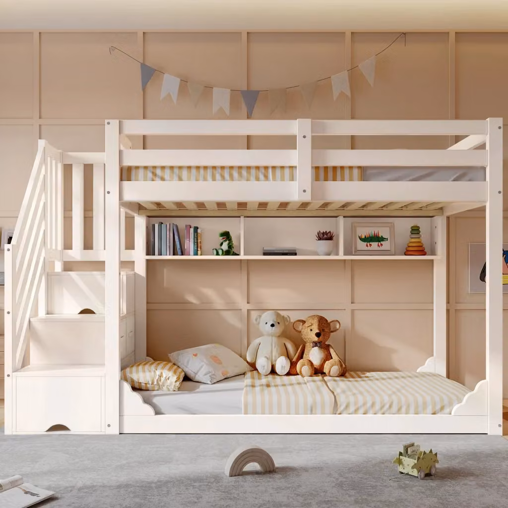 Letto a castello REDOM per bambini in legno e MDF bianco con scala e contenitori L/P/H: 253 x 90 x 145 cm – 2