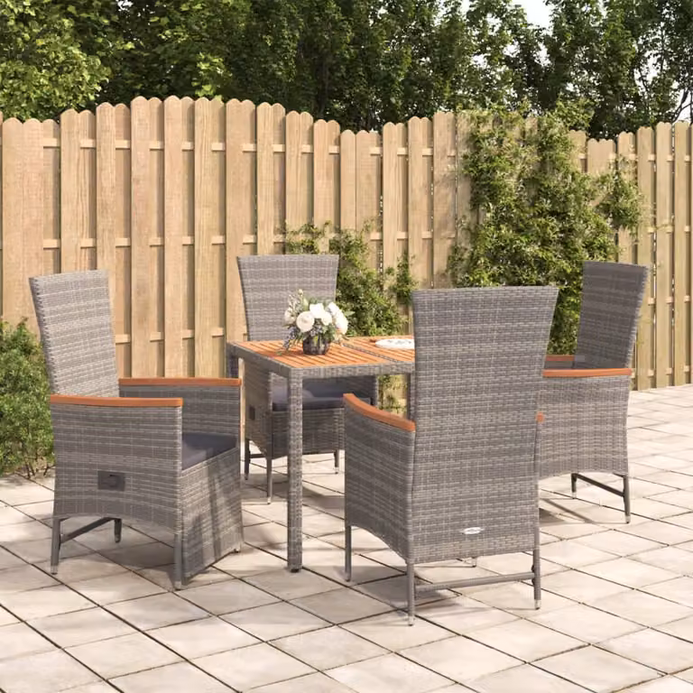 Set da pranzo da giardino vidaXL in polyrattan e legno di acacia grigio con 5 pezzi e cuscini
