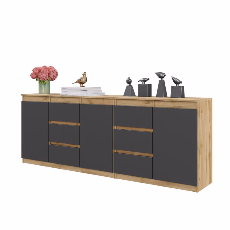 MIKEL - Cassettiera con 6 cassetti e 3 ante - Cassettiera per camera da letto Credenza - Rovere Wotan / antracite H75cm L200cm P35cm