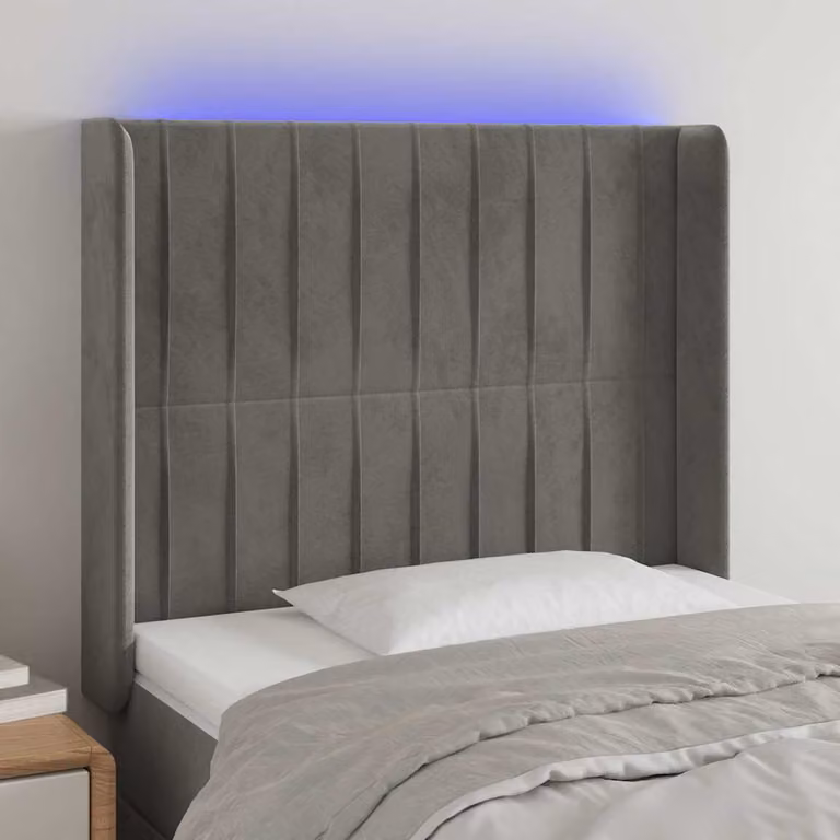 Testiera con LED e porta USB vidaXL in velluto grigio, L/P/H: 93 x 16 x 118/128 cm