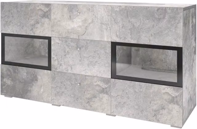 Buffet RAMOS – 2 porte in vetro + 3 cassetti – Grigio effetto cemento e nero – Senza LED