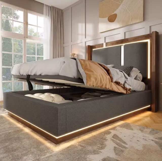 Letto 90x200 cm con LED, contenitore idraulico e rete, grigio noce