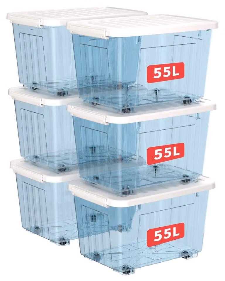 Contenitori Cetomo da 55 litri, confezione da 6, realizzati in plastica rinforzata con scanalature, dotati di ruote