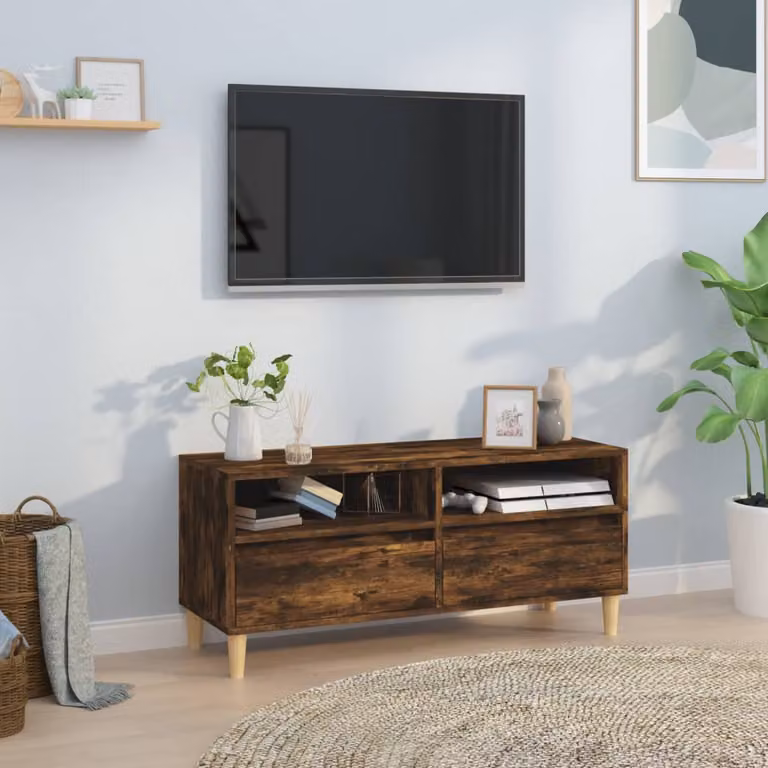 Mobile TV vidaXL in legno Rovere Fumo con ruote, L 100 cm x P 34,5 cm x H 44,5 cm
