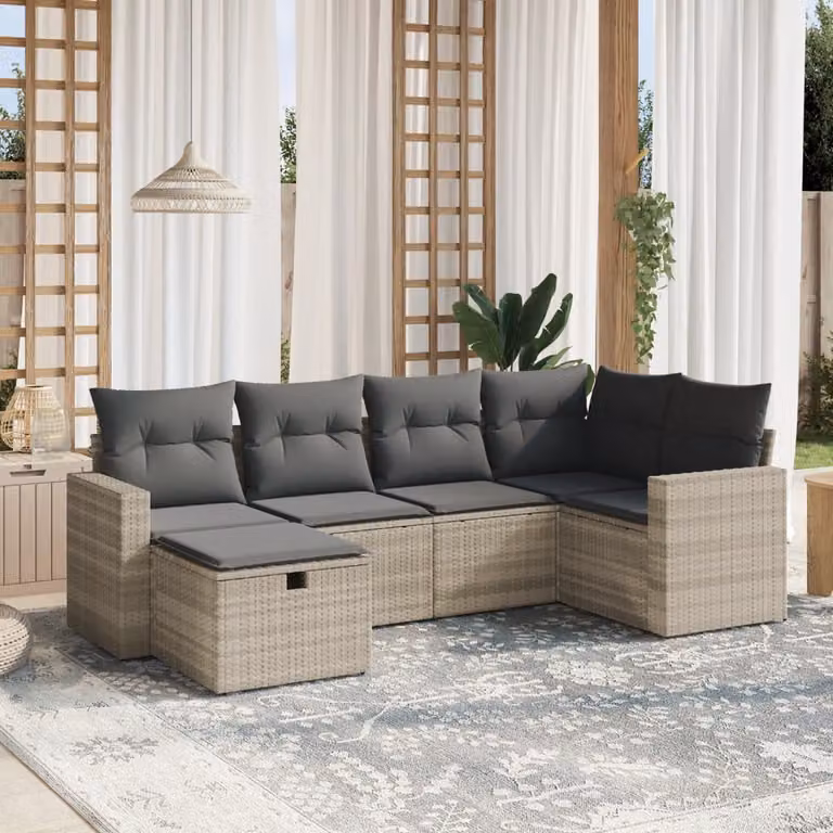 Set Divano da Giardino vidaXL a Forma a L con 6 Pezzi e Cuscini Grigio, Polyrattan e Acciaio con Ottoman