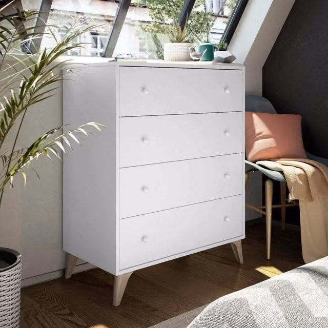 Cassettiera DMORA moderna con 4 cassetti per camera da letto, Bianco opaco, L: 78 cm, P: 40 cm, H: 95 cm