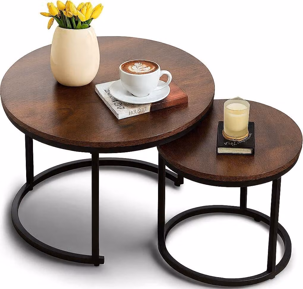 Set di 2 tavolini rotondi in legno marrone, diametro 60 cm e 40 cm