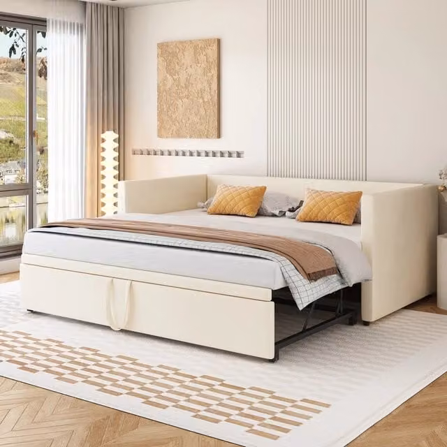 Letto imbottito estraibile ¨C Minimal ¨C Beige velluto con rete a doghe 90x200/180x200 cm