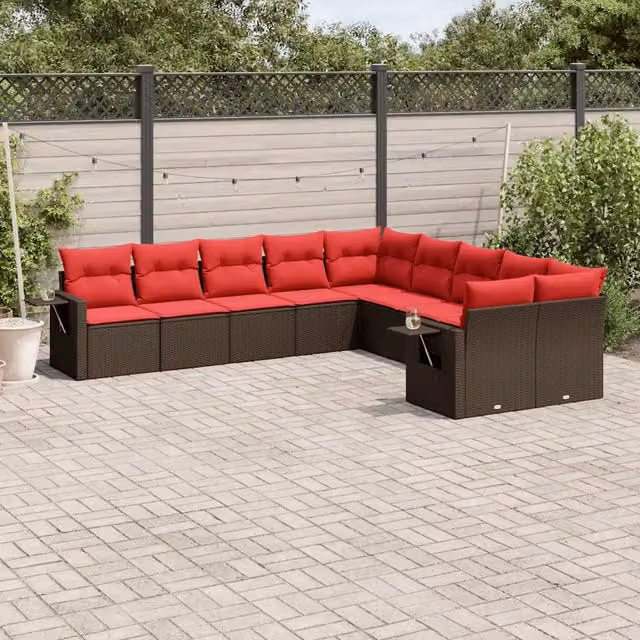 Set Divani da Giardino 10 pz con Cuscini Marrone in Polyrattan 3220713