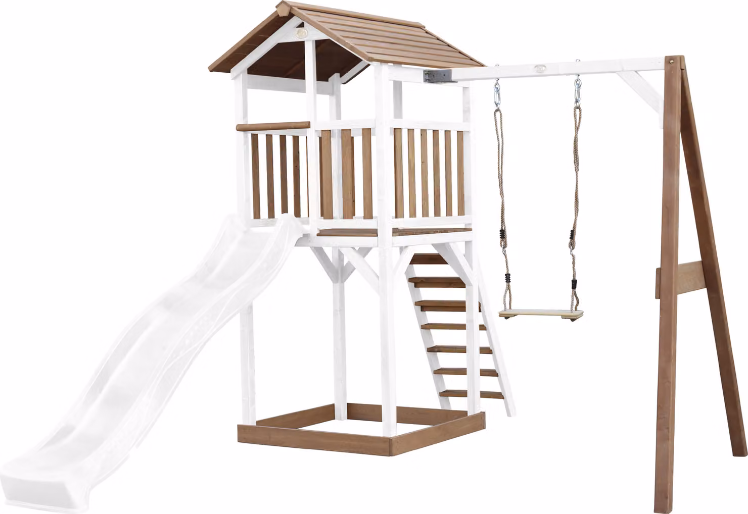 AXI Beach Tower parco giochi in legno in marrone e bianco | Torre di gioco con sabbiera, altalena e scivolo bianco | Casa per bambini su palafitte per il giardino