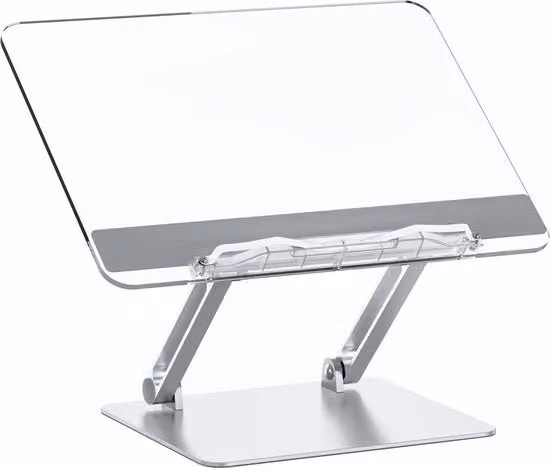 Supporto regolabile e ripiegabile per libri e tablet in alluminio e acrilico, colore argento e trasparente
