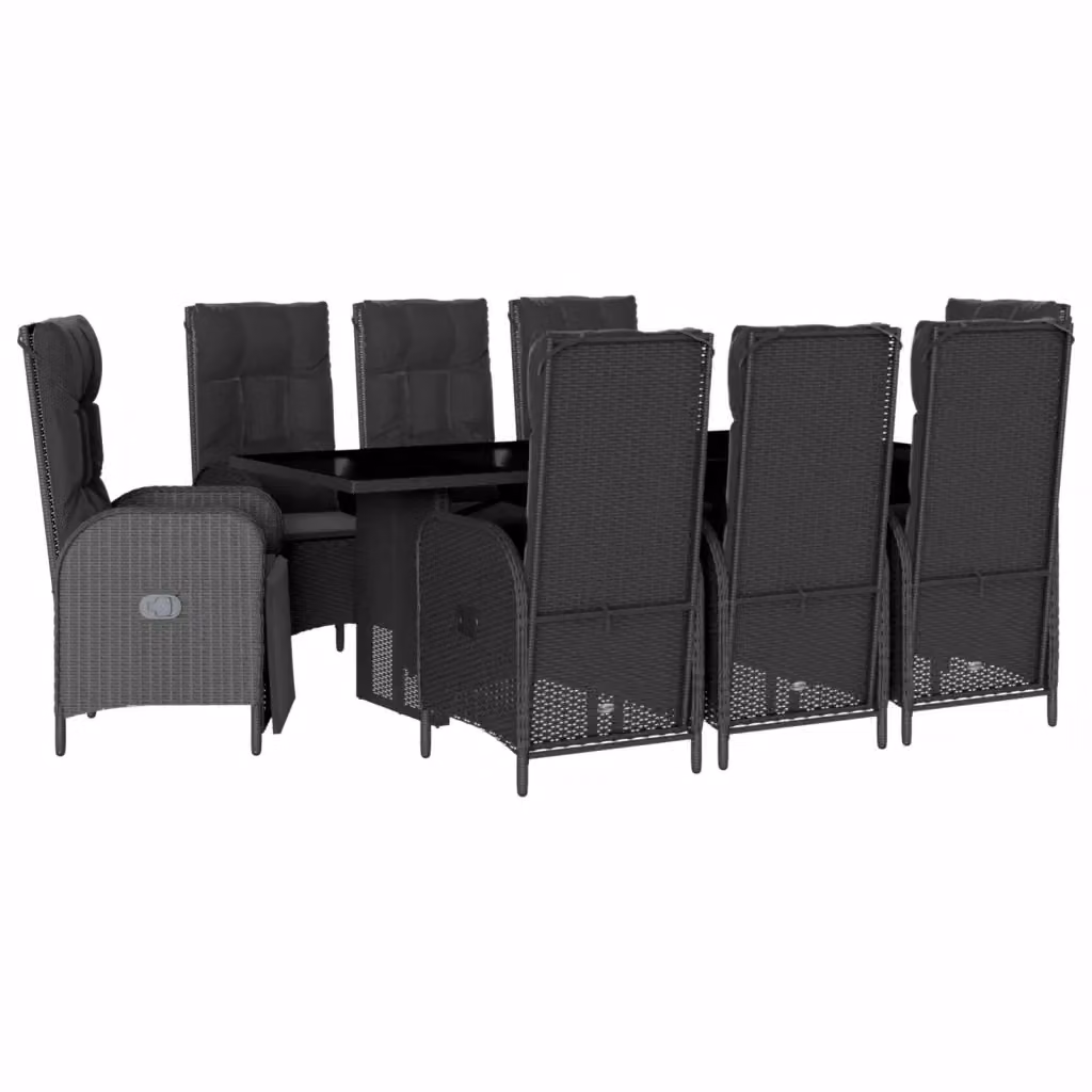 Set da pranzo da giardino vidaXL in polyrattan nero con cuscini e tavolo in vetro, 9 pezzi – 2