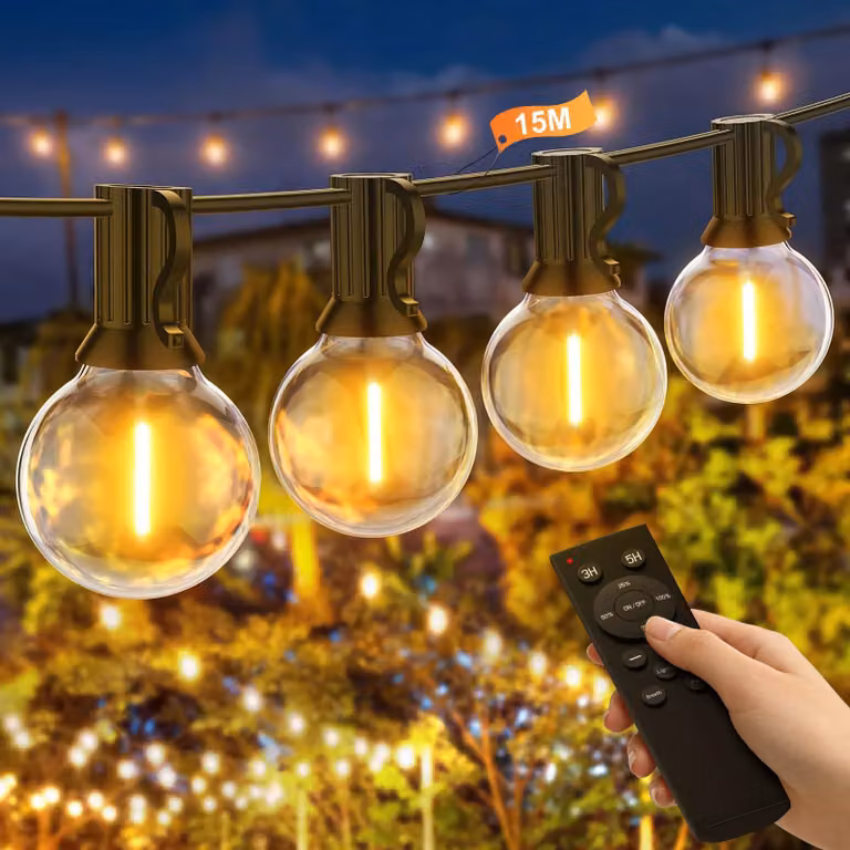 Catena luminosa a LED, 15 metri, dimmerabile, con telecomando, luce bianco caldo