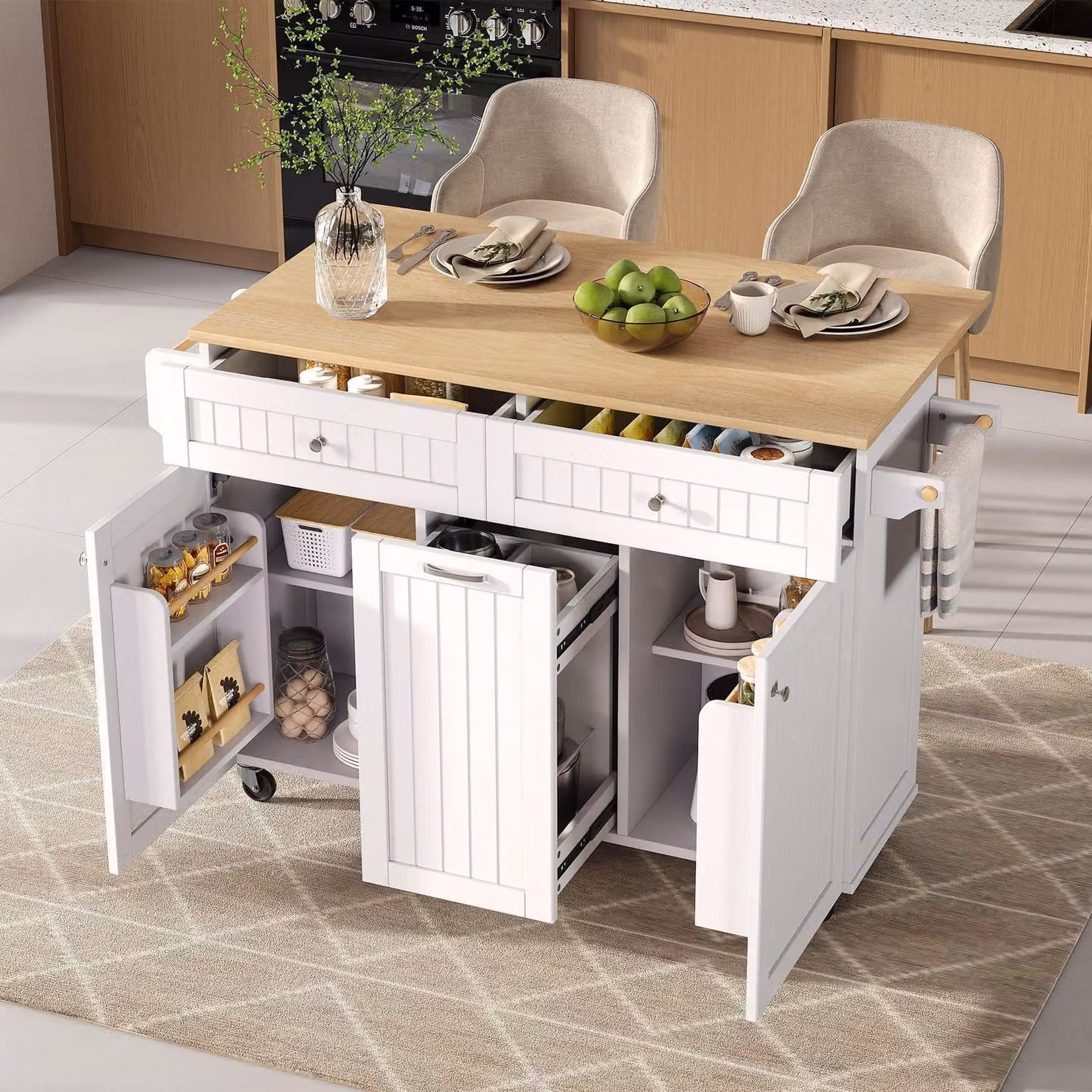 Isola da cucina con ruote e zona pranzo estendibile, colore bianco