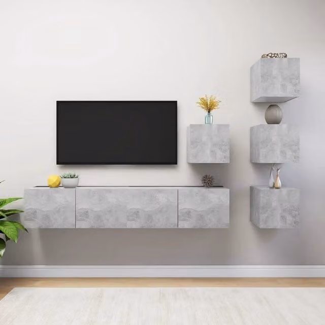 Set di Mobili Porta TV 6 pz-Set di 6 Credenza per TV Grigio Cemento in Legno Multistrato 643001