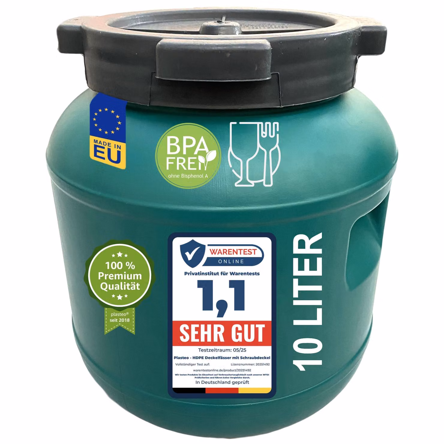 fusto a collo largo plasteo 10 L con coperchio per alimenti - robusto fusto universale in HDPE con tappo a vite, per alimenti, stoccaggio e trasporto, verde