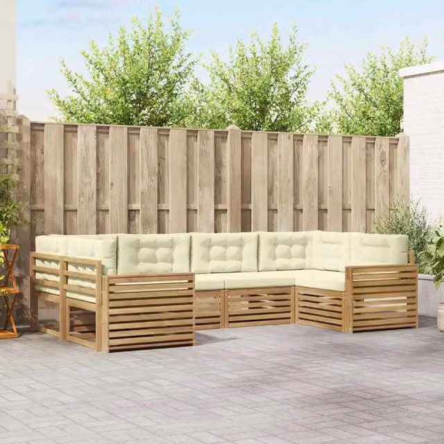 Set di divani da esterno a L vidaXL in legno di acacia con cuscini Bianco e Beige – 1
