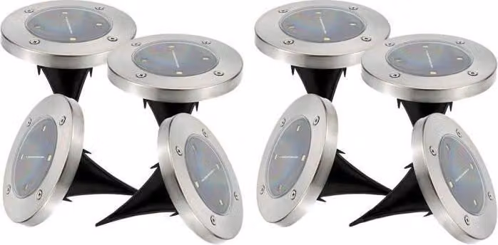 Faretti solari a LED, acciaio inossidabile, da incasso o con picchetto, bianco freddo, Ø 12 cm, set da 8 pezzi