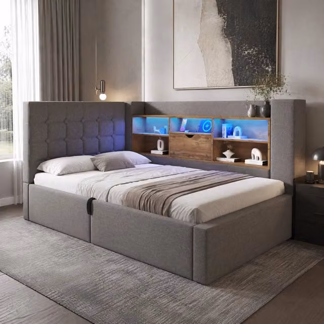 Letto singolo ULEVR 90x200 cm con materasso H3, contenitore idraulico, LED e porte USB, grigio