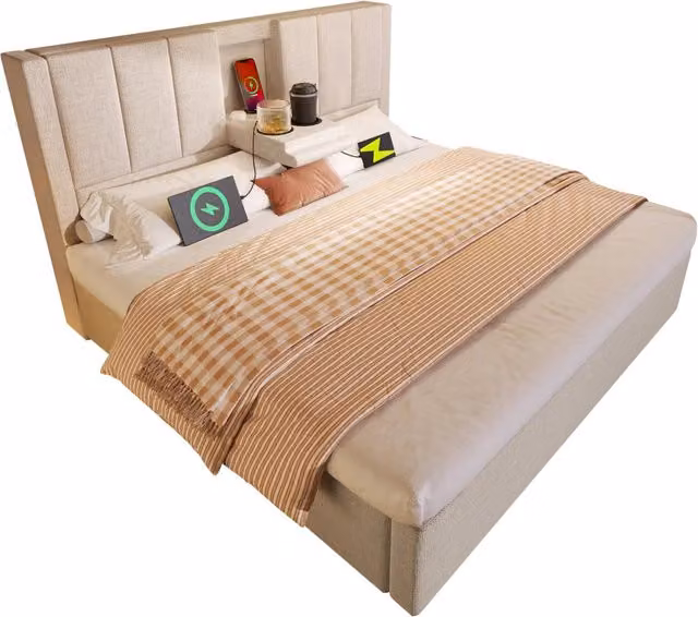 Letto matrimoniale 160x200 cm con contenitore idraulico e ricarica USB/USB-C; lino beige