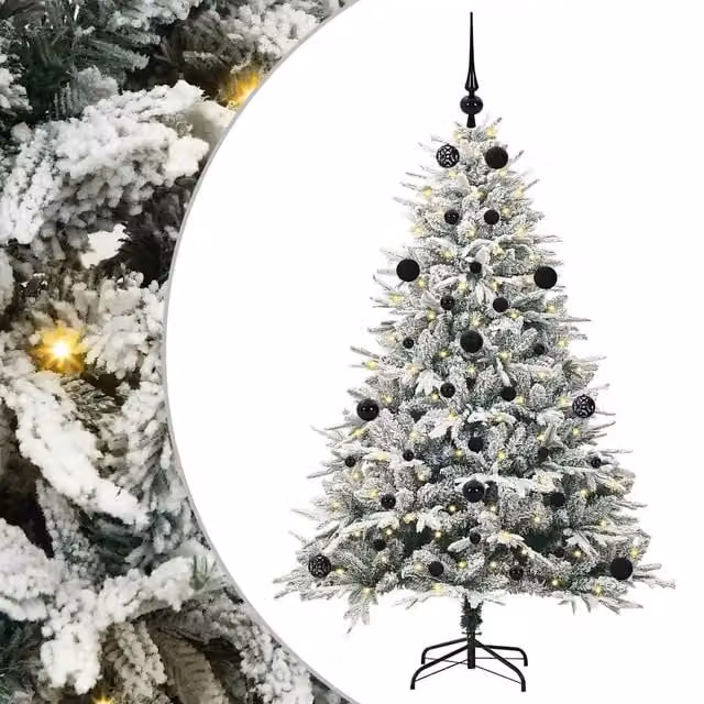 Albero di Natale artificiale verde con luci LED bianco caldo e set di palline in stile moderno con struttura in metallo e PVC