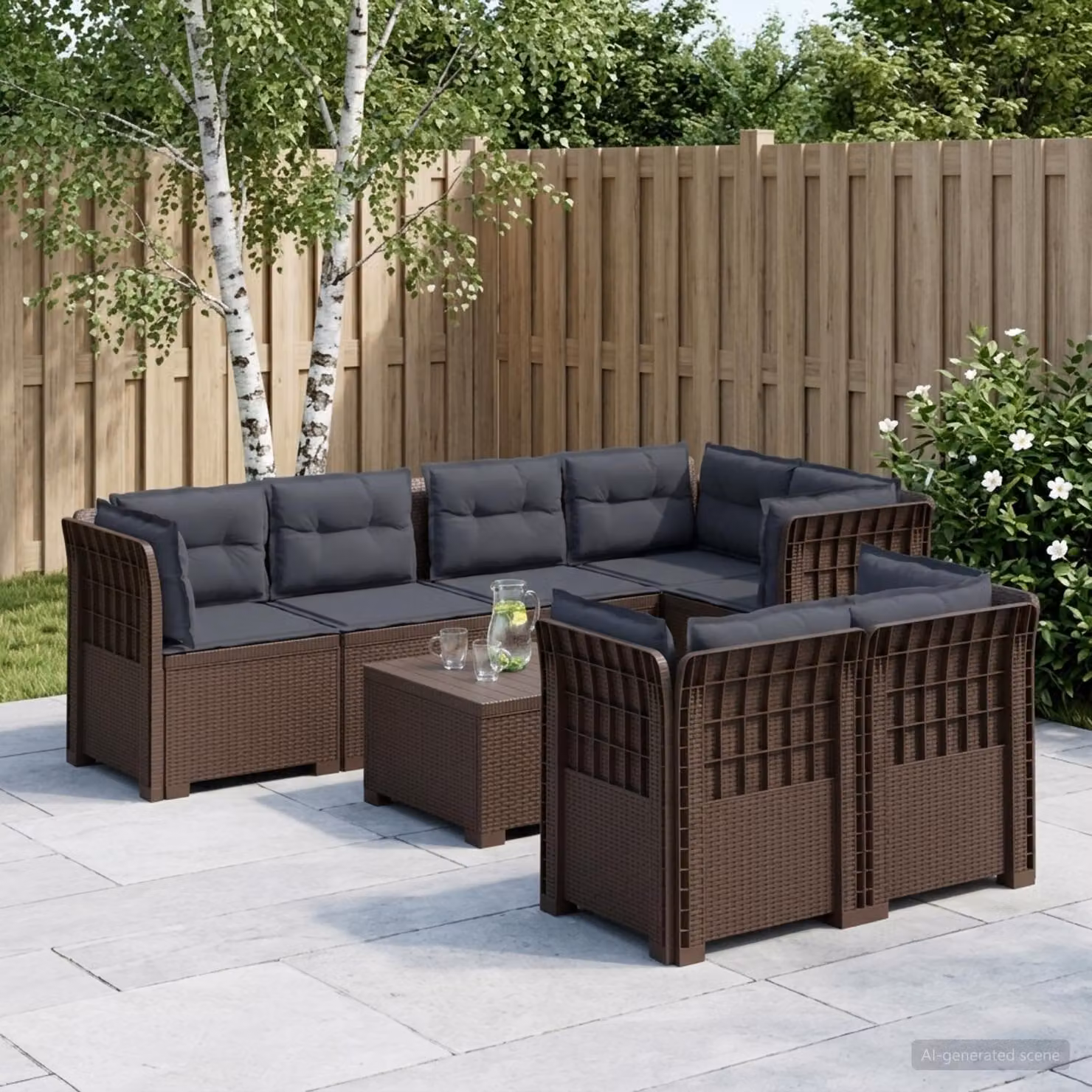 Divano da giardino a forma di U vidaXL con 7 posti, design moderno in polyrattan con cuscini imbottiti e coperture rimovibili, colori grigio e marrone