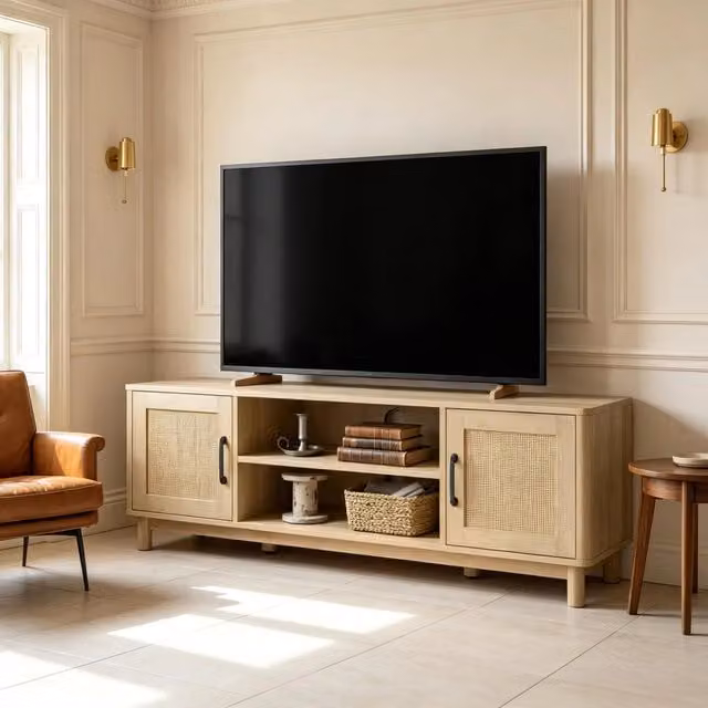 Mobile TV moderno WISHDOR in legno e rattan color marrone e beige con vani aperti, ante doppie e gestione cavi, L: 135 cm, P: 39 cm, H: 45 cm